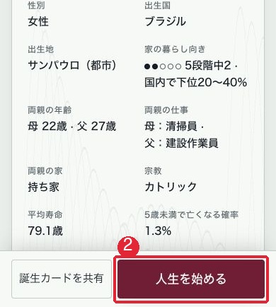 80億分の1の出生届と赤枠②の人生を始めるボタン