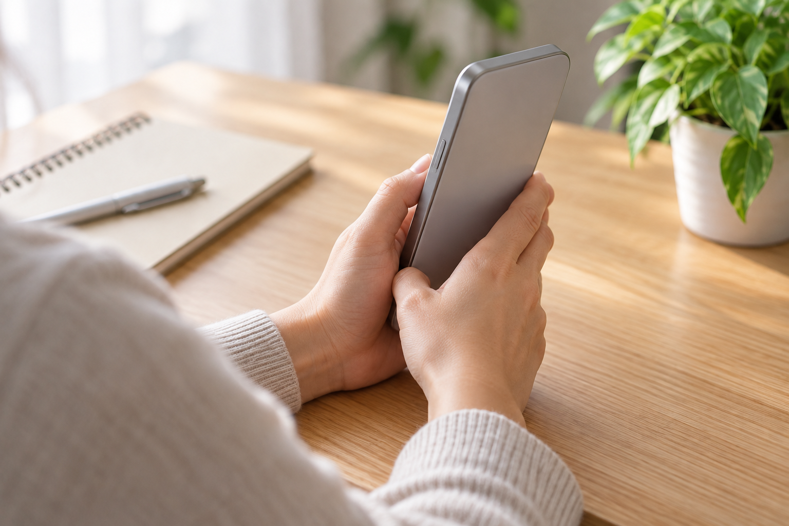 自宅でスマートフォンを確認する手元のイメージ