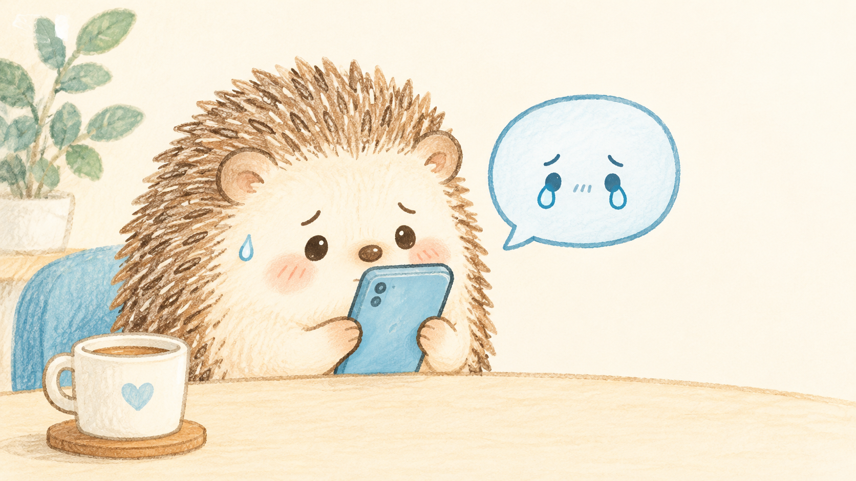 スマートフォンを見て少しドキドキするハリネズミのイラスト