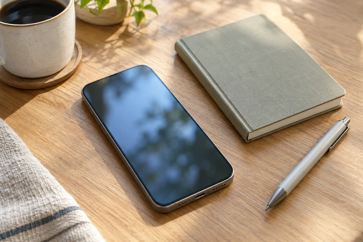 机に置いたスマートフォンとノートのイメージ画像
