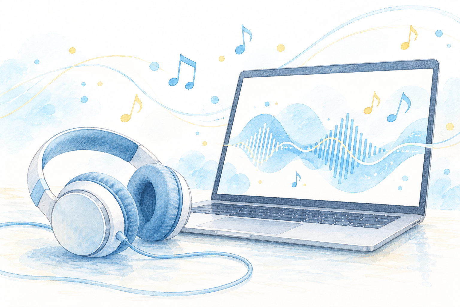 ヘッドホンとパソコンの音声波形で歌声合成をイメージしたイラスト